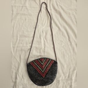 Vintage Unbranded Navy Blue & Red Beaded Bag With Cord Strap And Retro Design